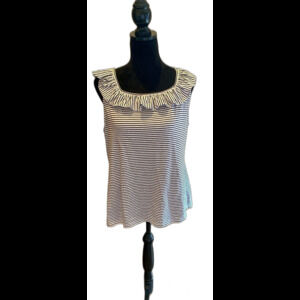 Talbots Tank Top Size XL Sleeveless Rounded Ruffle Neckline Black White Stripes